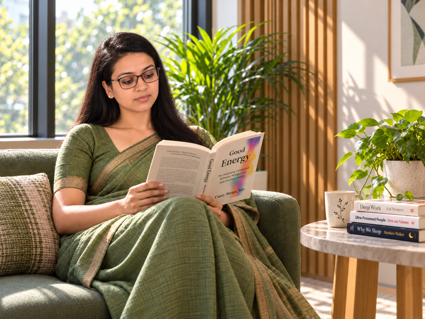 Dr. Ankita Sahay reading Good Energy metabolic medicine comfortably